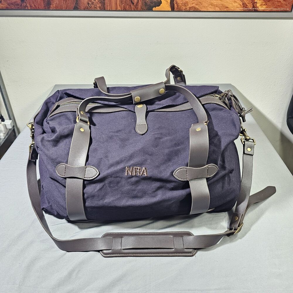 NRA Duffle Bag Canvas Leather Trim Travel Overnight Weekender Luggage Med Navy